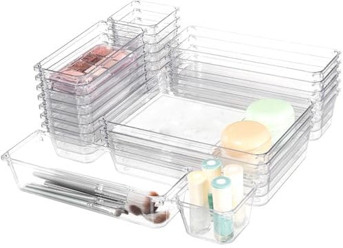 Hikrxya 25 Pack Clear Plastic Drawer Organisers Set, 4 Size Versatile Bedroom and Vanity Drawer Organizer Trays, Kitchen Plastic Storage Divider Bins for Makeup Bedroom Kitchen Gadgets Office