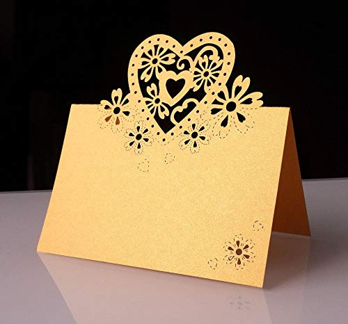 20 Stück Liebe Herz Laser Schnitt Namenskärtchen,Tischkarten Blanko,Platzkarte Klappkarten Platzkärtchen für Hochzeit Geburtstag Kommunion Taufe Party Festival Tischdekoration,9 x 12 cm,Gold A