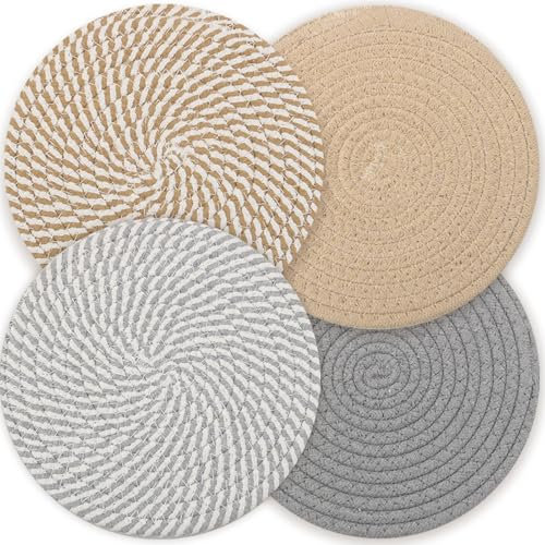 4 Stück Topfuntersetzer Set, 20cm Runde Untersetzer Topf Baumwolle Faden Weben Matte, 4 Farben Untersetzer Teekanne, Untersetzer Teller, Heißer Topf Halter Topflappen für Küche Schüssel Topf Pfannen