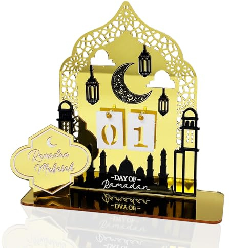 Ramadan Mubarak Adventskalender, Acryl Eid Kareem Countdown für Haus Büro Tischdekorationen, DIY Neuheit Stern Mond Laternen Schlösser Mittelstücke für Islamische Muslimische Al-Fitr Party Supplies