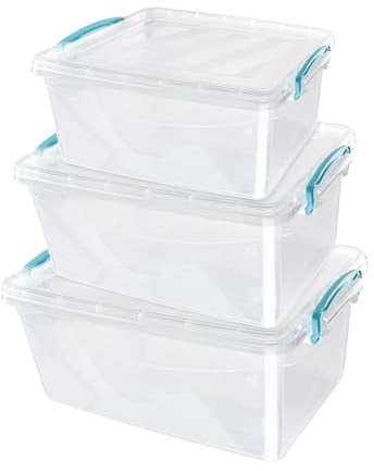 JVL Plastic Clip Lidded Food Storage Box, Stackable & Nestable, Set of 3, 5L, 8.5L, 13.5L