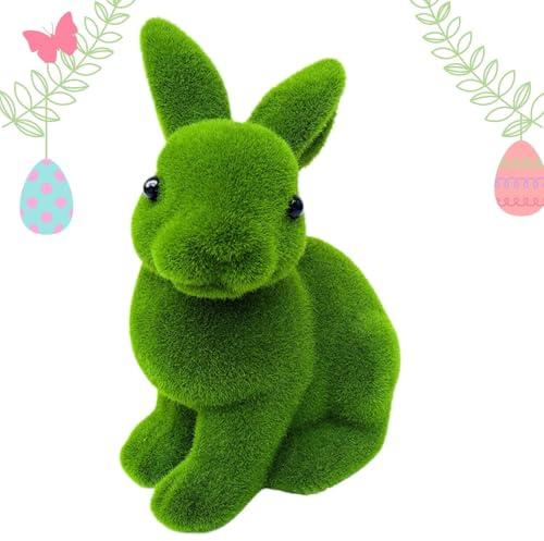 MWZBTG Beflocktes Kaninchen, Pelziger Beflockter Osterhase, Mooskaninchen, Deko Hase Mit Fell In Moosoptik, Künstliche Beflockte Kaninchenstatue, Künstliche Dekoration Osterhase
