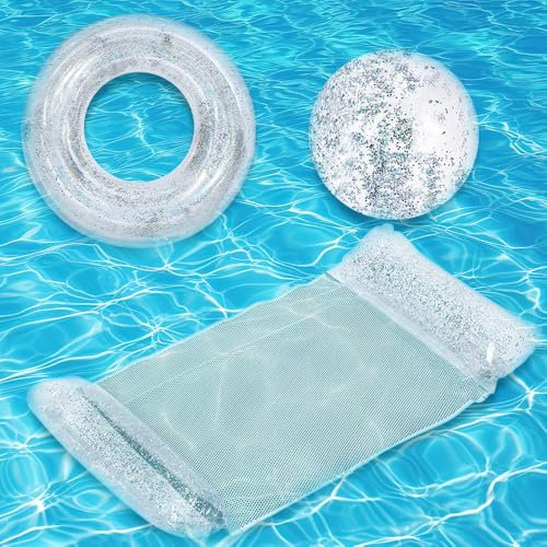 SGZIOO Luftmatratze Pool, Schwimmring Glitzer, Wasserball Aufblasbar, Wasserhängematte mit Netz, Pool Spielzeug Wasserspielzeug für Erwachsene Kinder, Sommerpool Party
