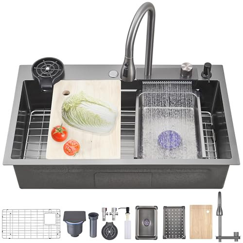 Ribanedy Black-Grey Stainless Steel Waterfall Kitchen Sink 86 x 50 cm, Multifunctional Single Bowl Modern Kitchen Sink with Pull-Out Spray Faucet, Cup Washer, and Accessory Set