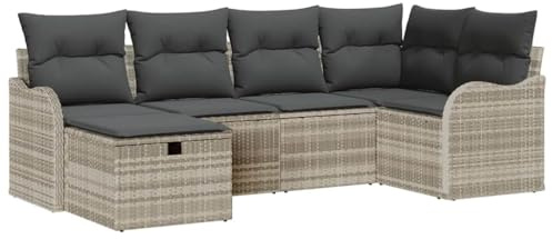 vidaXL 6-teiliges Garten-Sofa-Set mit Kissen in Hellgrau aus Poly Rattan – wetterfestes Outdoor-Sitzmöbel für Essbereich und Terrasse, gewebte Al Fresco Lounge