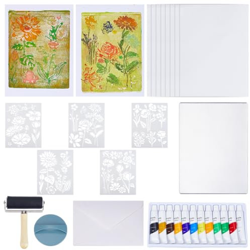 WEBEEDY Gel Printing Plate kit for Crafts Flower Plants Theme Printmaking Set Includes 12.7X17.8 cm Reusable Gelatin Plate,Stencils,Acrylic Paint,Essential Tools and Instruction for Adults Beginner