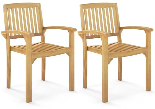 TANGZON Outdoor Dining Chairs Set of 1/2, Solid Teak Wood Garden Armchairs with Breathable Slatted Seat & Backrest, Patio Leisure Chairs for Balcony Poolside Porch (2)
