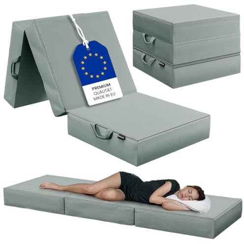 Bellamio Lomme Premium Klappmatratze Mintgrau – Gästematratze klappbar, extra hoch 15 cm – Faltmatratze 75x195 cm – Reisematratze waschbar – Faltbare Matratze mit Tragegriffen – Bandscheibenwürfel
