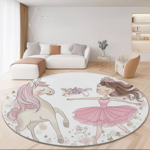 Generisch Runder Teppich 120 cm, Ballerina Einhorn Design Runder Teppich, Waschbar rutschfest Kurzflor, Weiche Flanell für Kinderzimmer Wohnzimmer Schlafzimmer, Hellrosa Weiß für Mädchen