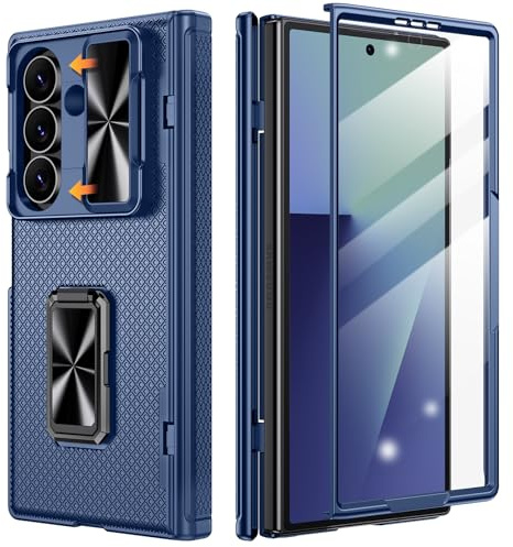Doeshine für Samsung Galaxy Z Fold 7 Hülle mit Kameraschutz,Blau | Militär Schutzhülle mit Displayschutzfolie & 360° Rotate Ring Ständer, Robuste Handyhülle mit Scharnierschutz