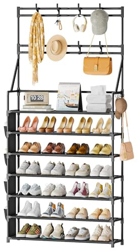 OYREL 7 Tier Shoe Rack with 8 Hooks, for 28-35 Pairs Shoes, Space Saving Shoe Storage Organizer with Side Pocket for Closet Entryway Hallway Bedroom Black