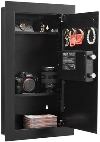 VEVOR Cassaforte a Muro da 102 x 370 x 630 mm con Password e Chiave, Alloggiamento Integrato in Acciaio Laminato a Freddo Q235 con Ripiani Regolabili e Illuminazione a LED, per Denaro, Gioielli