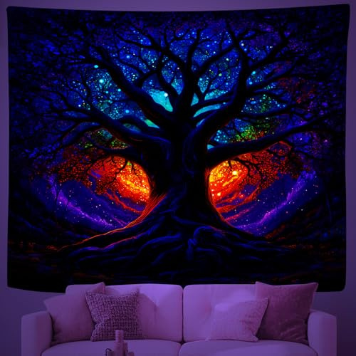Schwarzlicht Baum des Lebens Wandteppich, UV-reaktiv Mystischer Muster Leuchtender Wandteppiche Wandbehang, Glow In The Dark Tapisserie für Schlafzimmer Wohnzimmer Wanddekoration, 180x230 cm T4Yv119