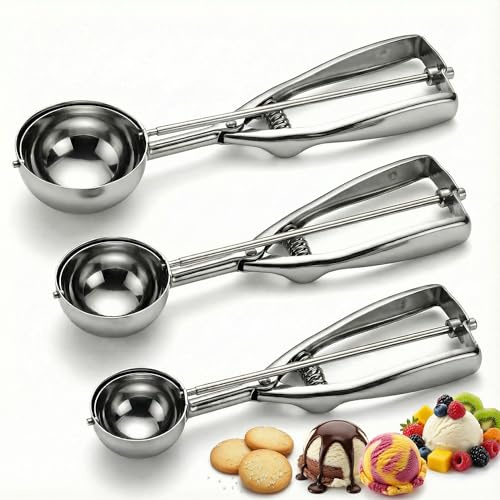 3Pcs Ice Cream Scoops, Cookie Scoop Set with Ergonomic Trigger & Easy Release, Stainless Steel Non-Stick Mirror Polished, Dishwasher Safe Rust Resistant for Home Baking, Meatballs, Fruit & Desserts