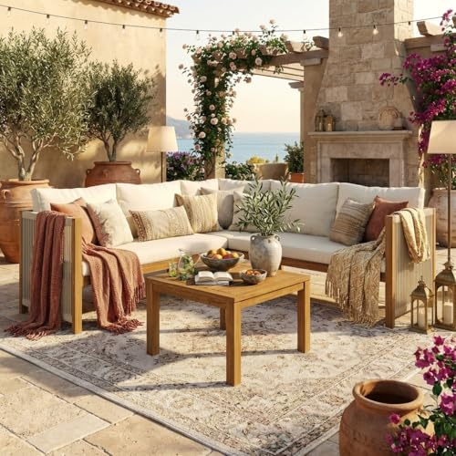 Yihomfy Salon de Jardin avec Canapé d'angle et Table Basse, Cadre et Plateau en Acacia Massif, Tressé de Corde, Mobilier de Terrasse (Beige + Polyester)
