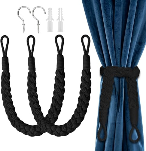 Curtain Tie Backs Set of 2, Black Braided Curtain Rope with Metal Hooks, Elegant Window Drapery Holdbacks for Living Room & Bedroom, Boho Farmhouse Curtain Ties for Thick Drapes
