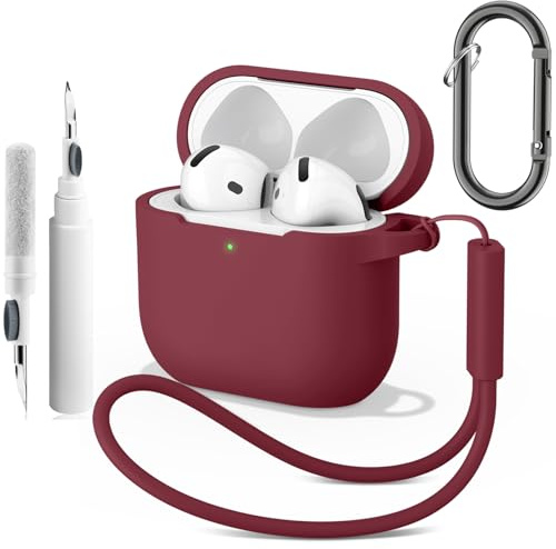 Oumida Hülle Kompatibel mit AirPods 4 Hülle, mit Clean Kit & Keychain, Silikon Stoßfeste Schutzhülle für Apple AirPods 4 (2024) (Weinrot)