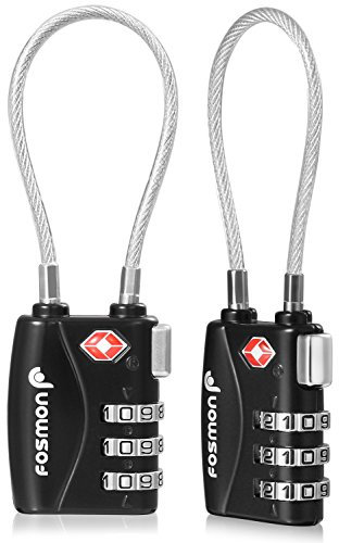 Fosmon TSA 3 Digit Code Cable Lock - 2 Pack - Suitcase, Travel Bag, Locker or Backpack - Secure All Luggage, Bike, Gate, Shed - 3 Digit Combination Padlock - Black
