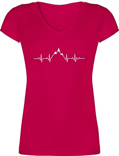 T-Shirt Damen V Ausschnitt - Symbol und Zeichen Outfit - Herzschlag Berge - M - Fuchsia - Wander Tshirt Frauen Berg Shirt Kurzarm Bergen tailliert Bergsteiger t-Shirts bergmenschen Neck Hiking mit