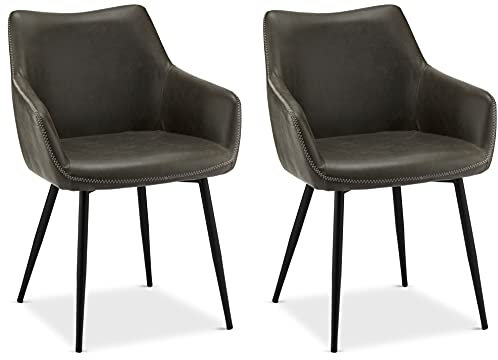 Ibbe Design 2er Set Grau Kunstleder Esszimmerstühle Vintage Industrial Lounge Küchenstühle mit Armlehnen Anette, Schwarz Metallgestell, L56x B56x H81cm