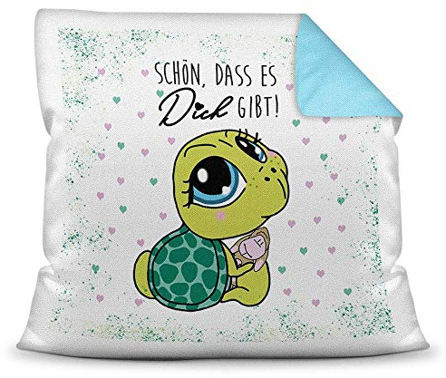 Print Royal Deko-Kissen Tiere mit liebem Spruch - Schön, DASS es Dich gibt - Schildkröte/Ich Liebe Dich/Geschenk für Freund, Freundin / 40x40 / Rückseite Himmelblau inkl. Füllung