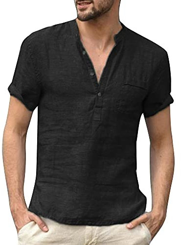 Men's Linen T-Shirt Pure Cotton Buttoned Short Sleeve Shirt Black S