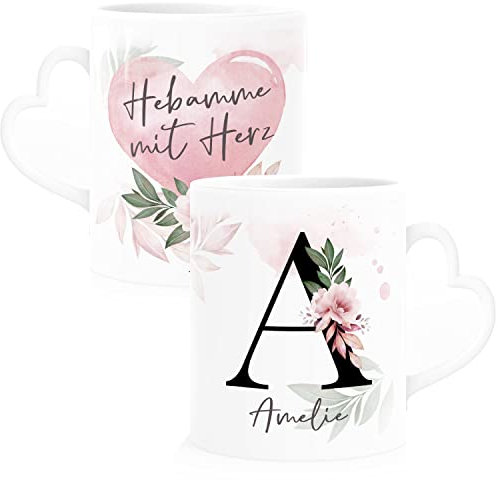 SpecialMe® Kaffee-Tasse mit Name Spruch Herz-Henkel Initiale Monogramm Dankeschön personalisierte Geschenke Hebamme weiß Herz-Tasse