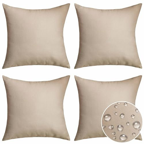 Home Brilliant Light Beige Waterproof Cushions Cushion Covers 45 x 45 CM, Outdoor Decorations Dust-Proof Garden Cushions Cover for Indoor Chair Sofa, 18 inches, 4 Pcs, Light Linen