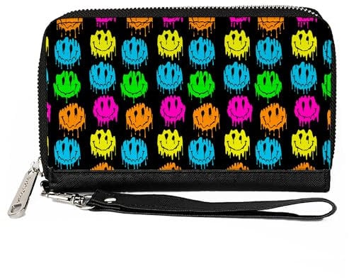 Buckle-Down Geldbörse, Reißverschluss, Smiley Faces Melted Mini Repeat Black Multi Neon, Veganes Leder, Smiley-Gesicht