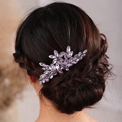 Kercisbeauty Wedding Bridal Small Cute Purple Crystal Silver Hair Comb Side Headpiece for Women Prom Boho Updo Handmade Hair Accessories (Purple)
