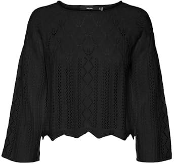 VERO MODA Suéter de Punto Fino de Mujer Patrón de Tejido Relajado Top de Manga Larga Suave, Color:Negro, Talla:L