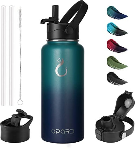 Opard 1L Edelstahl Trinkflasche, 3 Deckel (Strohhalmdeckel, Klappdeckel, Ausgießerdeckel),Thermoskanne Vakuum Doppelwandisolierung Auslaufsicher Thermosflasche für Sport, Reisen, Camping