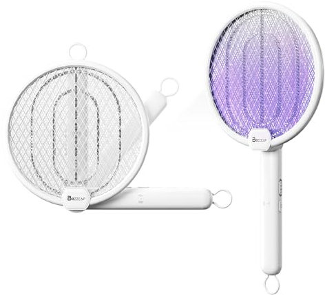 BUZZEAP Raquette Moustique Electrique, Tapetteà Mouche Électrique 4000V, 2 en 1 Tête Rotative Rechargeable Raquette Electrique Insectes, Lampe UV Anti Moustique, Attrape Mouche Tue Mouche, 1200mAh
