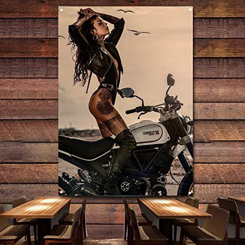 Tattoo Hot Girl Retro Motorrad Biker Kunst Banner Flagge Garage Schuppen Poster Wandkunst Dekor Wandteppich Vintage Schild Mann Höhle Pub Club 96 x 144 cm U19
