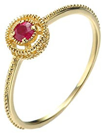 KnBoB Trauringe Ringe, Damen 14 Karat (585) Gold Ring, Solitär Rot Rund Rubin Hochzeitsring Größe 66 (21.0)