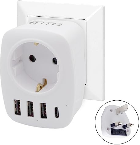KALEKI Adaptador Enchufe UK – Adaptador Enchufe de Viaje Ingles a Español - Adaptadores de Corriente – Enchufe Universal Viaje Reino Unido Tipo G - Adaptador 5 en 1.