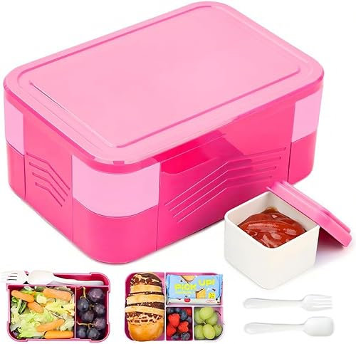 Bugucat Brotdose Kinder mit Fächern 1550ML,Lunchbox Kinder Auslaufsicher mit 6 Fächern und Besteckse,Bento Box Vesperdose für Mädchen & Jungen Frühstücksbox Jausenbox für Kindergarten BPA-Frei Rosa