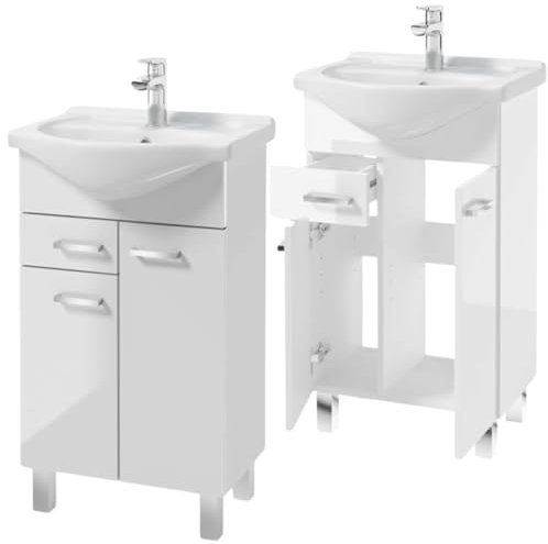 Domodomo - Mueble de baño con Lavabo, 85 x 50 x 42 cm, Mueble de baño de pie con cajón y Armario Inferior, Lacado, Elegante Juego con Lavabo de cerámica (Blanco) Mueble baño con Lavabo