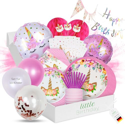 LITTLE BIRTHDAY | Einhorn Partygeschirr Paket Set Kindergeburtstag | Party Deko| Geburtstag 10 Personen | Pappteller| Pappbecher| Servietten| Luftballons | Topper | Einladungskarten | Tütchen | alles