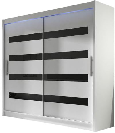 Mirjan24 Schwebetürenschrank London XI Kleiderschrank, Schlafzimmerschrank, Schiebetürenschrank, Garderobe, Schlafzimmer, Diele und Flur (weiß/weiß + schwarz lacobel, mit RGB LED Beleuchtung)