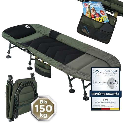 Q-Tac Karpfenliege [Stabil, Bequem & Leicht zu Reinigen] - Angelliege mit extragroßen Schlammfüßen, Angelliege Karpfenliege, Campingliege, Feldbett