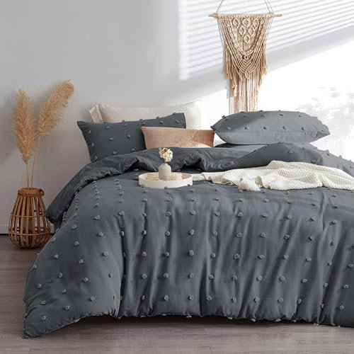 Tospass Boho Bettwäsche 155x220 cm mit Stickerei Grau Getuftet Pom Pom Böhmen Chic Bettwäsche Gewaschene Microfaser Weiche Bettwaren-Sets 1 Bettbezug mit Reißverschluss und 1 Kissenbezug 80x80cm