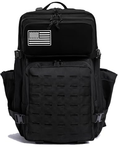 Thuram Sac à dos tactique militaire imperméable et durable pour randonnée, camping, pêche, gym, sac à dos avec porte-bouteille 50 l, tout noir, 50L