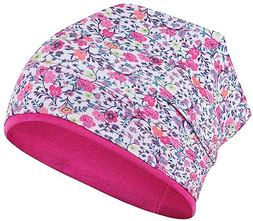 Smarilla Mädchen Mütze Übergangsmütze Beanie Blumen Frühling Herbst Baumwolle, Bekleidungsgröße: 46-48, Farbe: Hellgrau-Pink