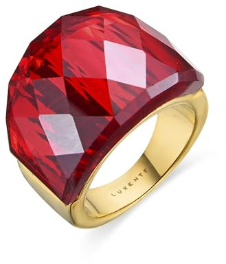 LUXENTER Anillo Mujer en Aleación de Metal con Cuarzo Hidrotermal Ónix Color Rojo y Dorado Acabado en Oro Amarillo de 18k Ancho 17 mm Talla 18 Modelo Fadino