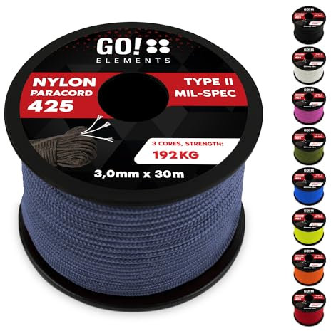 GO!elements 30m Paracord Seil aus reißfestem Nylon - 3mm Paracord 425 Typ II max. 192kg - Schnüre als Outdoor Seil, Allzweckseil, Survival Seil, Armband, Hundeleine, Nylonschnur, Farbe: Grau-Blau