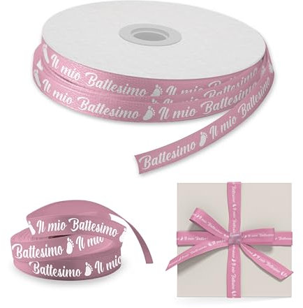 Nastro Raso per Bomboniere Battesimo Bambina 45 Mt x 1 Cm Rosa con Scritta Il Mio Battesimo - Nastrino per Bomboniere Bimba- Decorazioni Addobbi Allestimento Originali