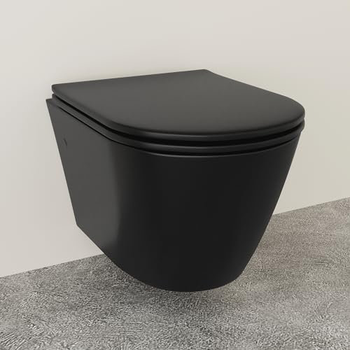 Alpenberger WC suspendu noir mat pour salle de bain et WC invités | Toilettes modernes | Cuvette avec couvercle de toilette avec abaissement automatique | WC mural sans bord