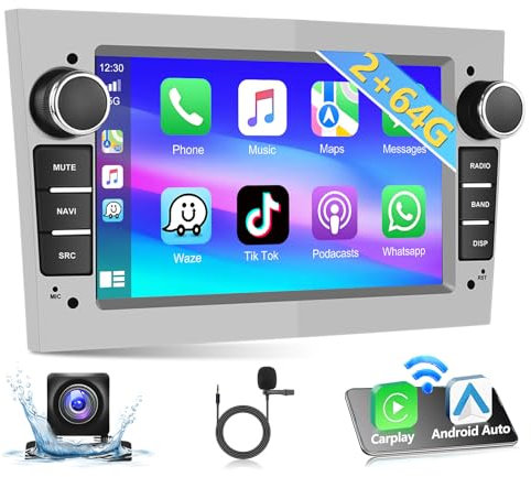 Podofo 2+64G Autoradio für Opel Astra Antara Vectra Corsa Zafira Meriva Vivaro Combo mit Carplay Android Auto 7 Zoll Autoradio mit GPS Navigator, Bluetooth WiFi RDS + Rückfahrkamera, Silber