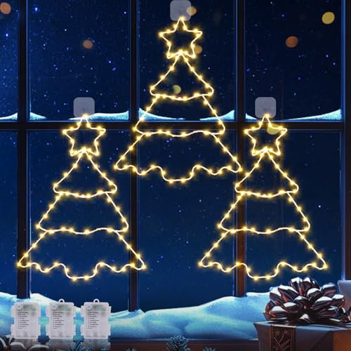 Quntis 3Pcs Christmas Tree Window Lights, 210 LEDs 38cm Large Metal Christmas Lights Battery Powered 8 Modes Timer IP44 Window Light for Indoor Outdoor Xmas Decorations Wall Window Door, Warm White